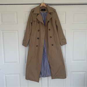 London Fog Maxi Trench Coat Tan with Blue Lining – Size S – Classic Long Coat